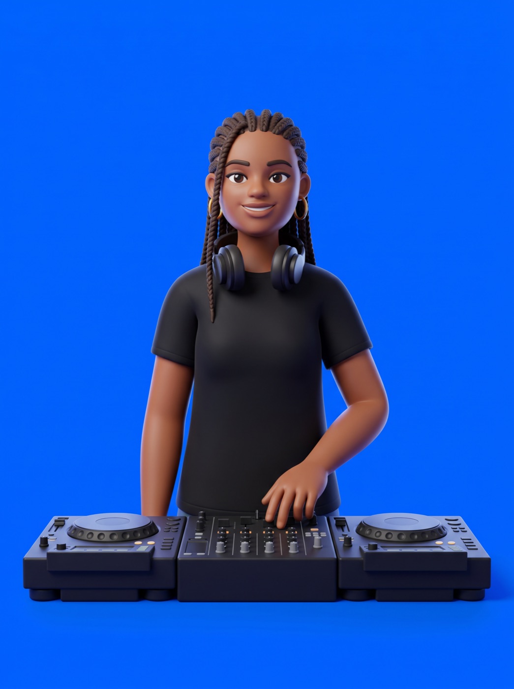 A DJ behind the decks, rendered in 3D