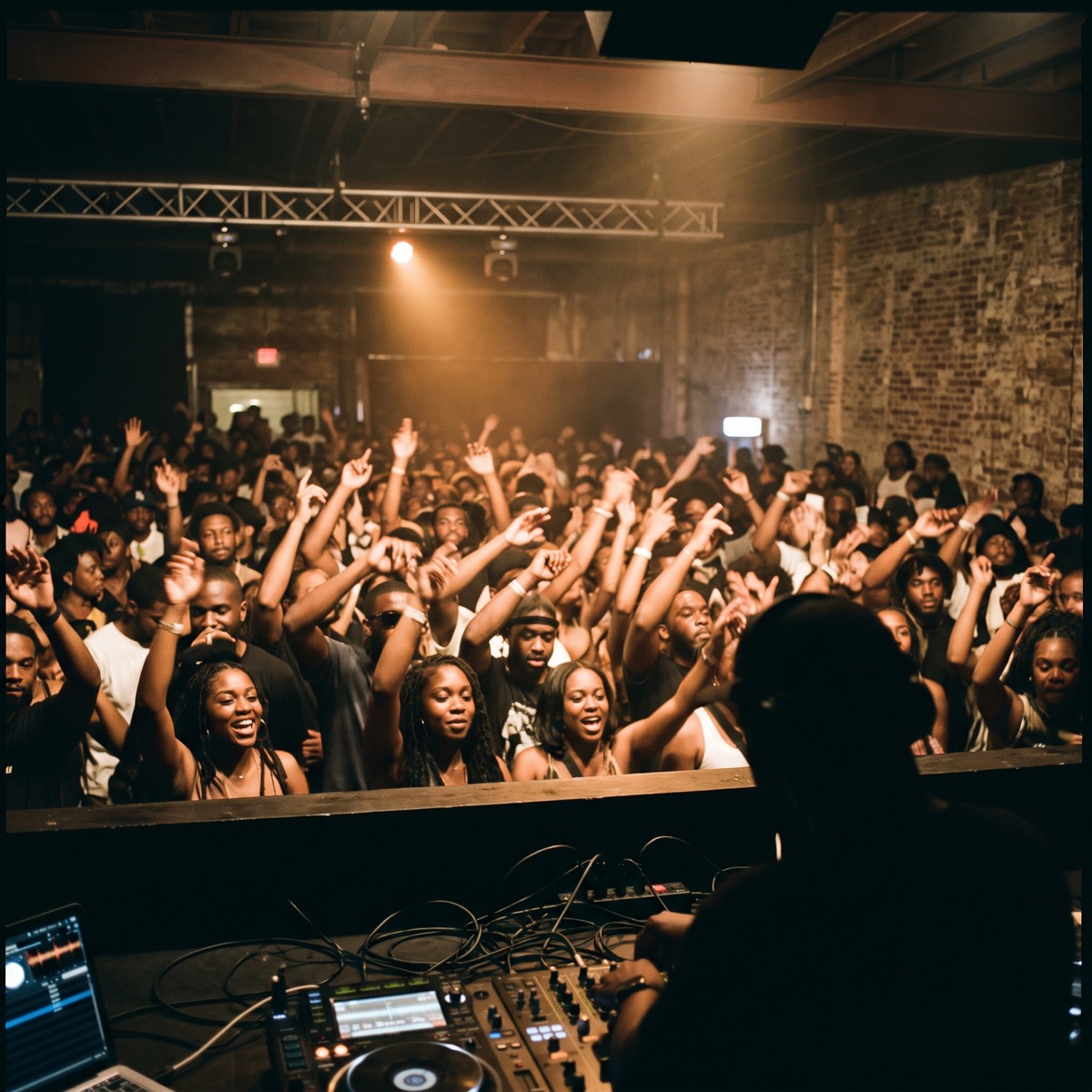 A packed room seen from behind the DJ booth